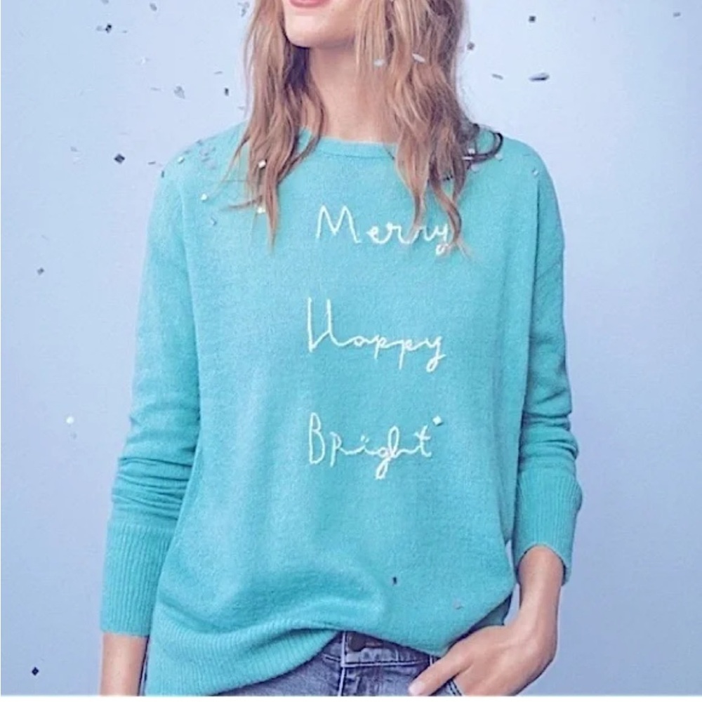LOFT Women's Blue Sweater with Festive Text “All Is Bright”. Medium